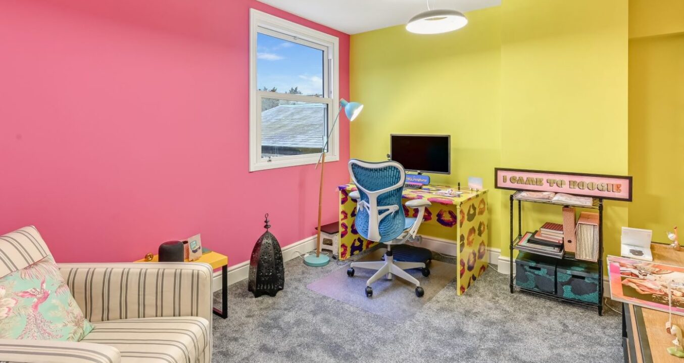 Colourful home office in loft conversion Dulwich SE22