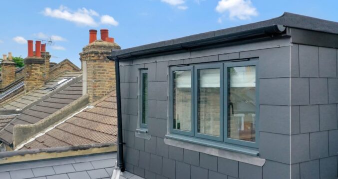Rear dormer loft exterior with dark cladding, flat roof and modern windows in Palmers Green N13.