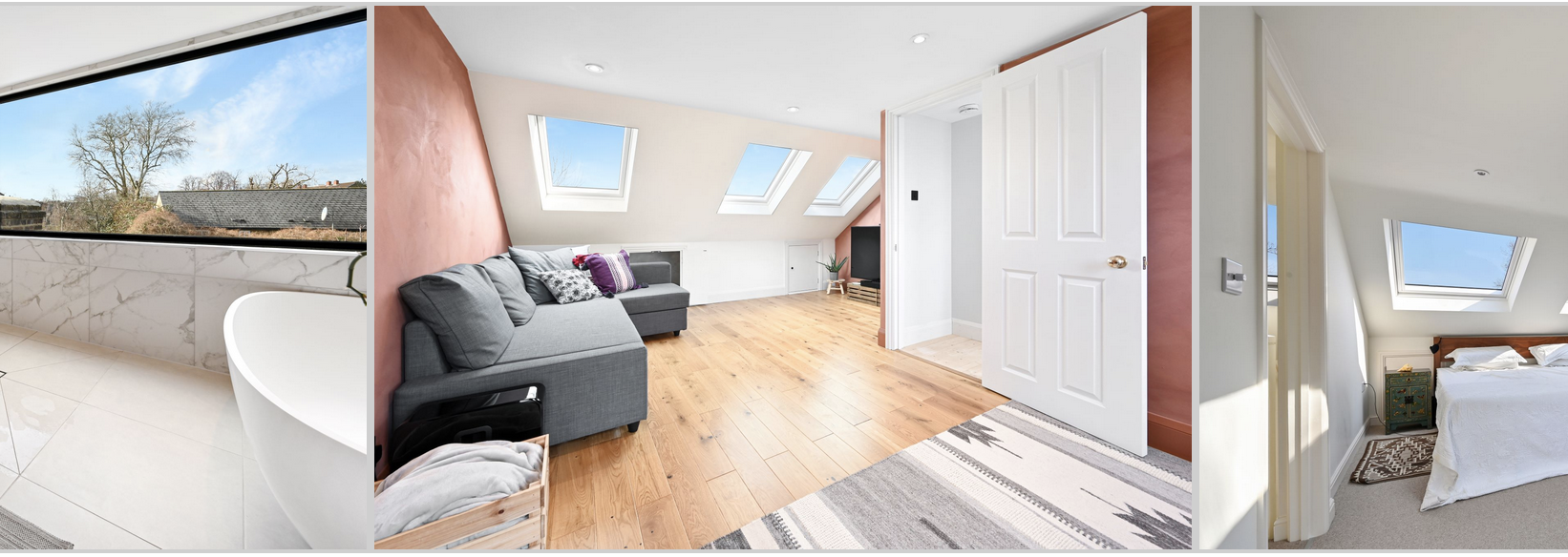 Open loft living space with rooflights, sofa area, timber flooring and bedroom area, supporting Crystal Palace loft conversion content.